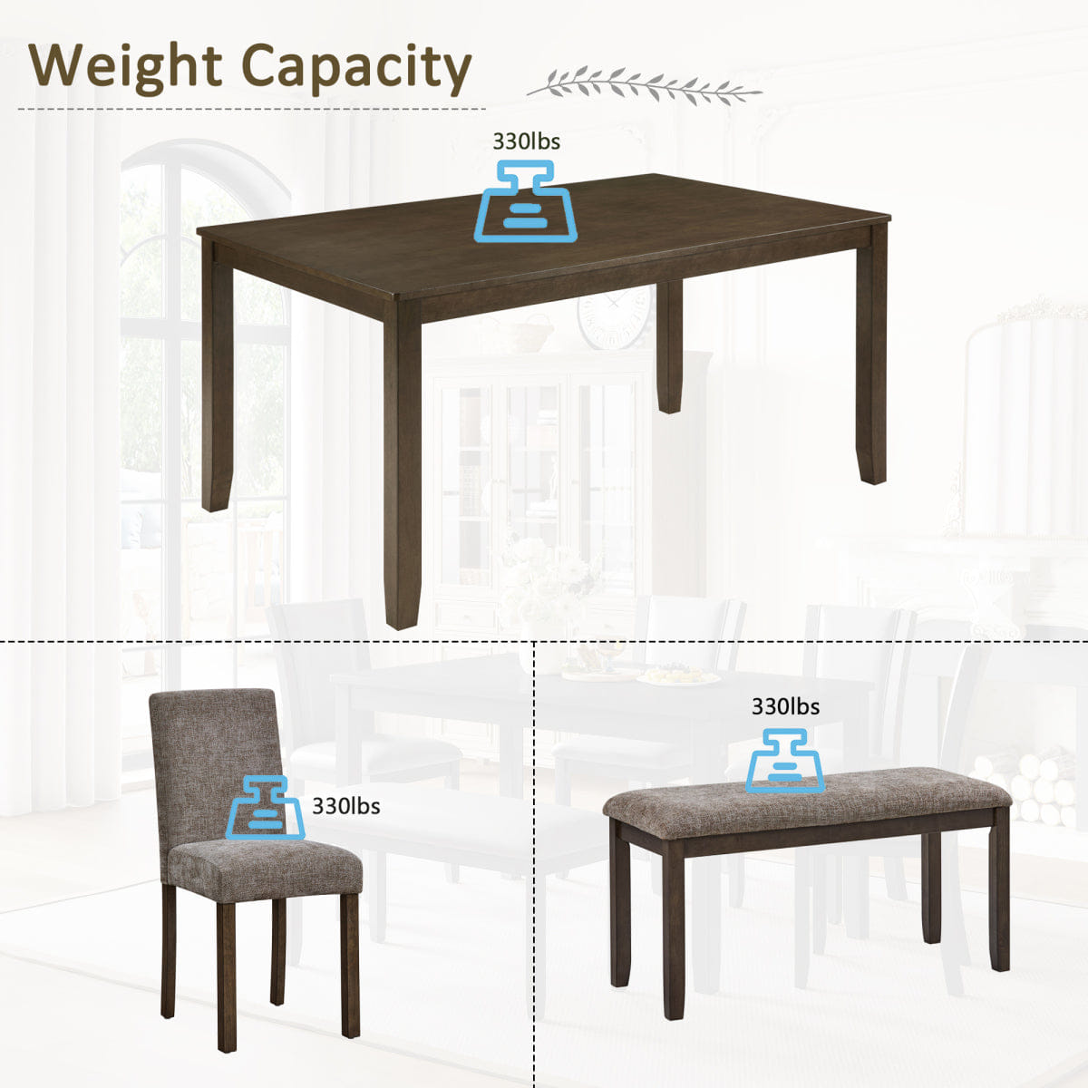And Streamdale 6 - Piece Farmhouse Dining Table Set with Bench and Chairs, Walnut