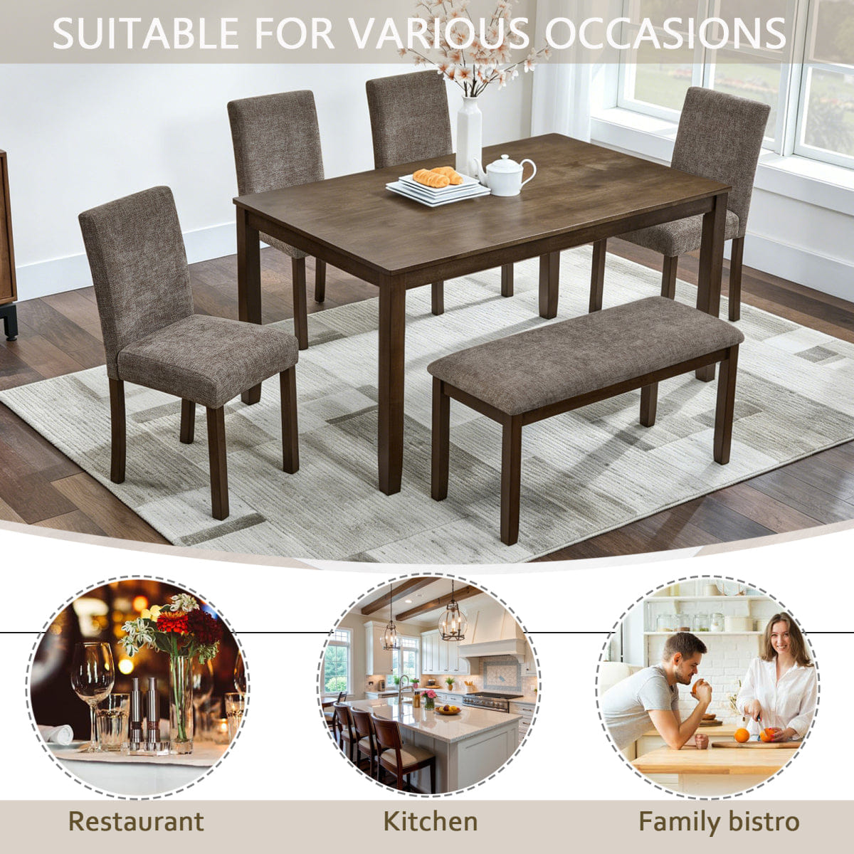 And Streamdale 6 - Piece Farmhouse Dining Table Set with Bench and Chairs, Walnut