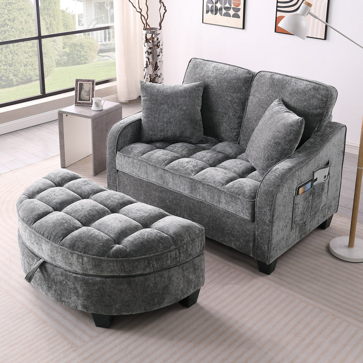 TWO Streamdale Grey Two - Seater Sofa Chaise with Storage Footrest & Pillows