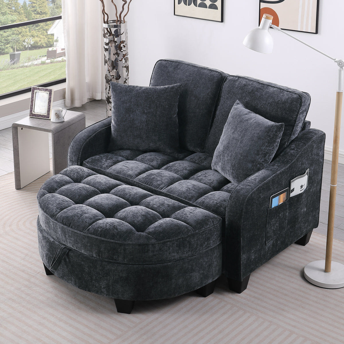 TWO Streamdale Two - Seater Sofa Chaise with Storage Footrest & Pillows - Black