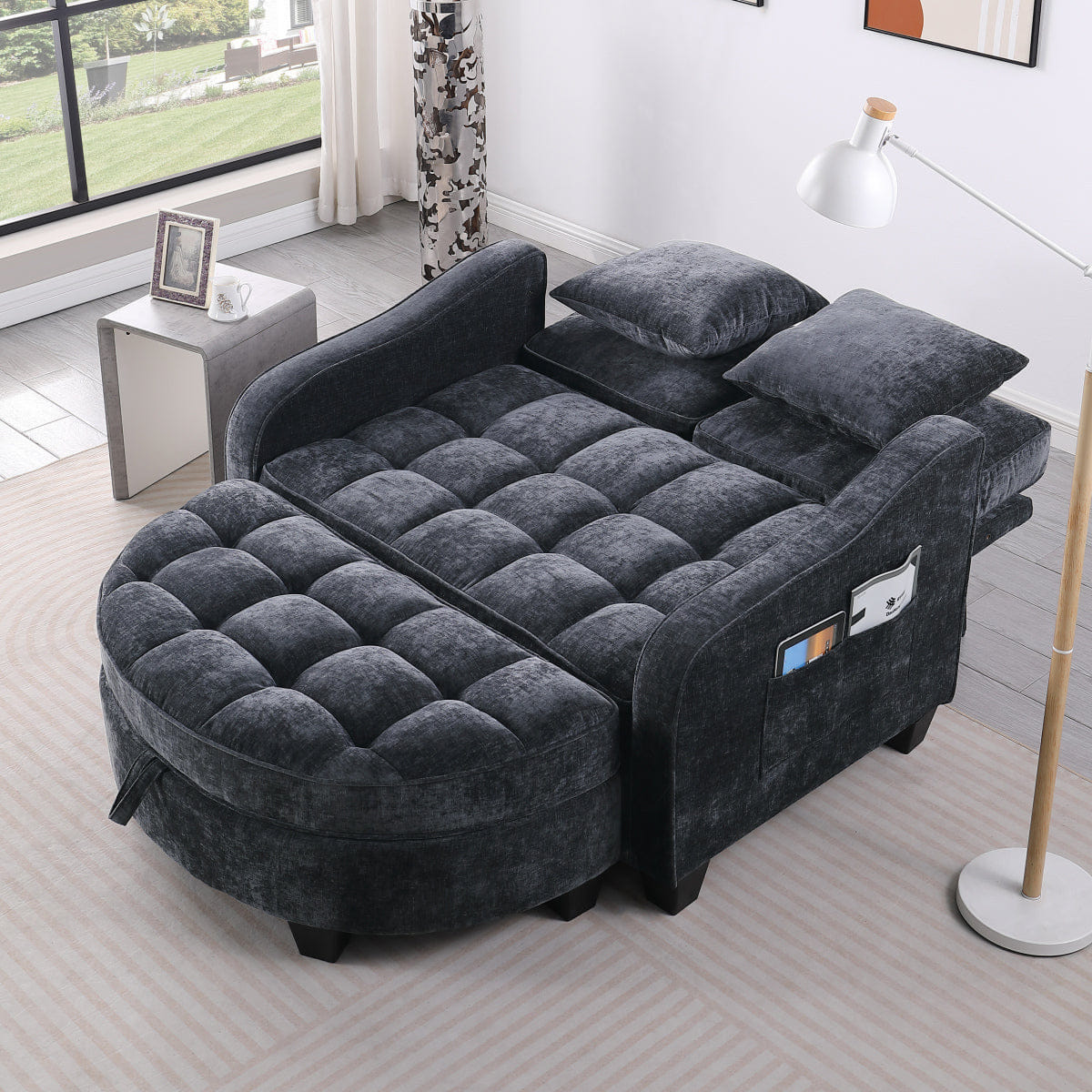 TWO Streamdale Two - Seater Sofa Chaise with Storage Footrest & Pillows - Black