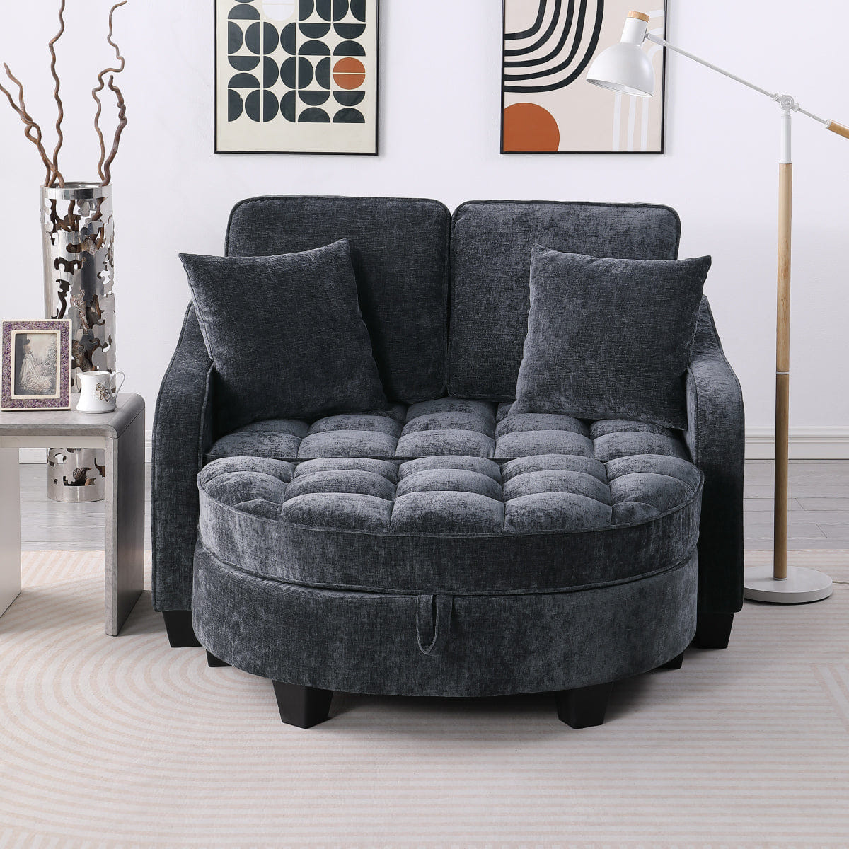 TWO Streamdale Two - Seater Sofa Chaise with Storage Footrest & Pillows - Black