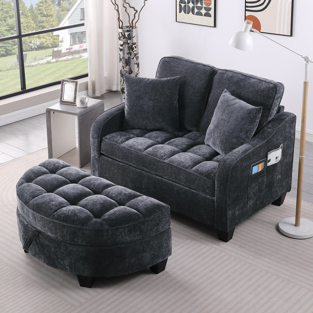 TWO Streamdale Two - Seater Sofa Chaise with Storage Footrest & Pillows - Black
