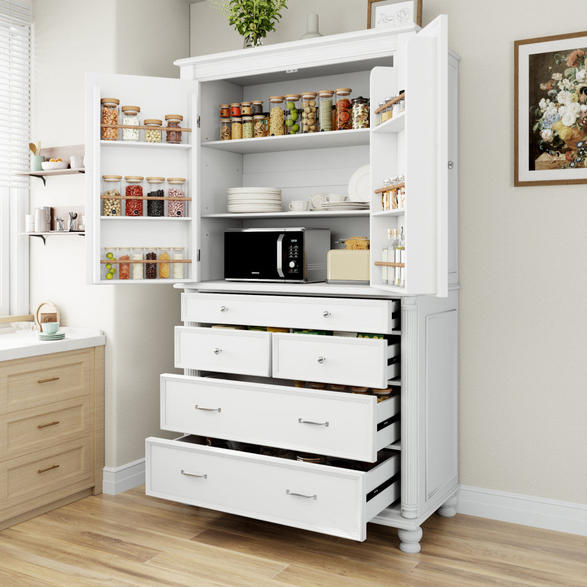 WHITE* Streamdale Freestanding Large Kitchen Pantry Tall Storage Cabinet with Drawers, White