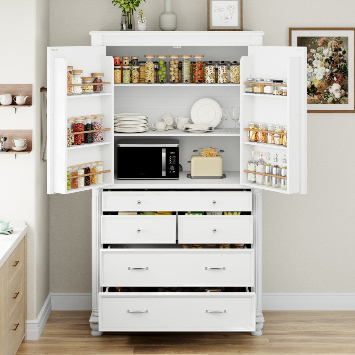 WHITE* Streamdale Freestanding Large Kitchen Pantry Tall Storage Cabinet with Drawers, White