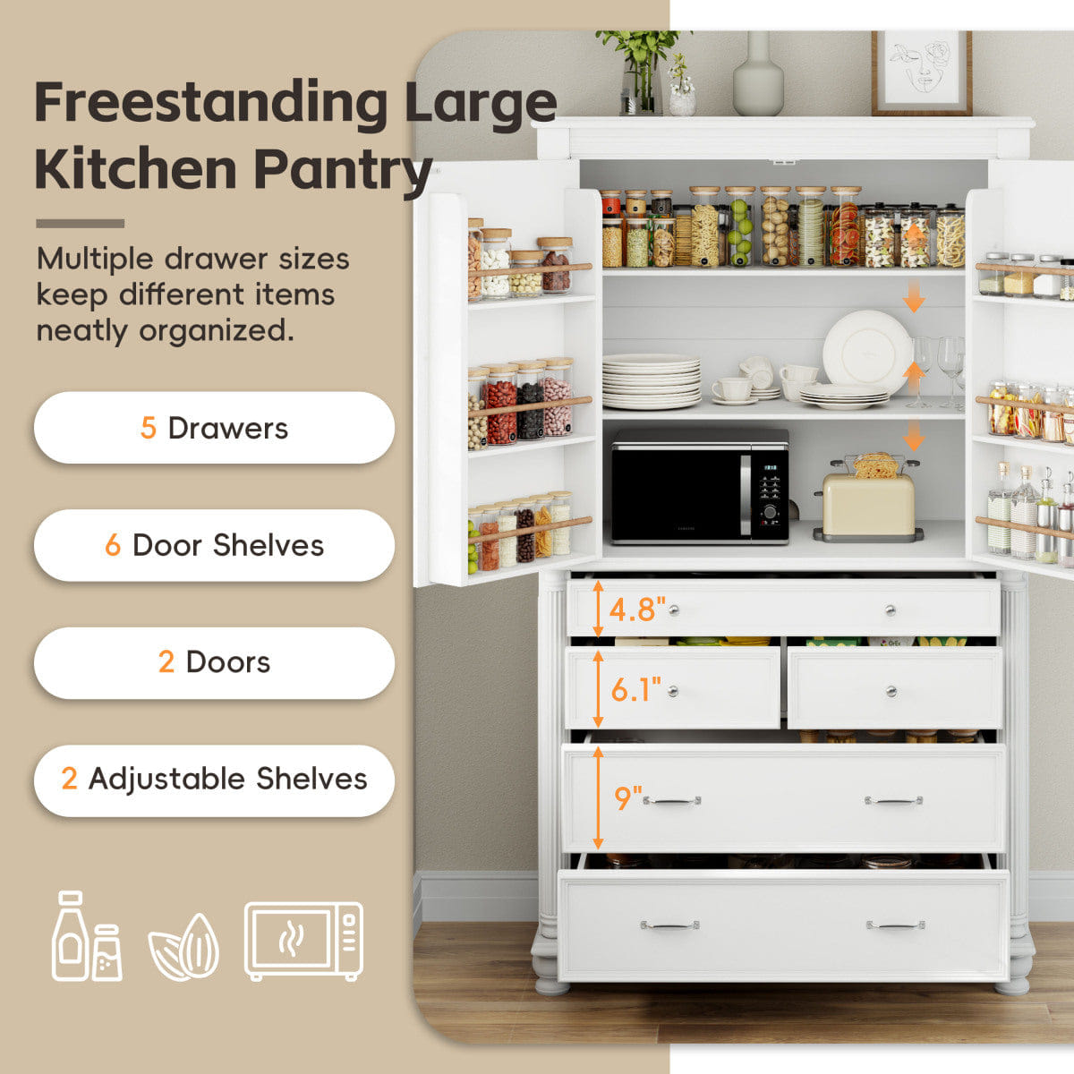 WHITE* Streamdale Freestanding Large Kitchen Pantry Tall Storage Cabinet with Drawers, White
