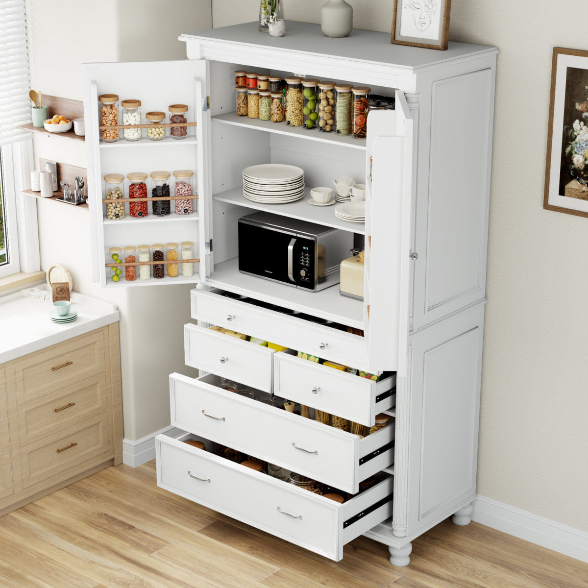 WHITE* Streamdale Freestanding Large Kitchen Pantry Tall Storage Cabinet with Drawers, White