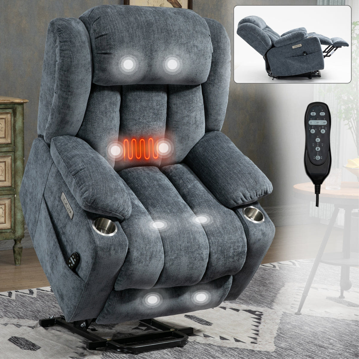Blue Streamdale Chenille Power Lift Recliner with Massage, Heating & USB Ports, Blue