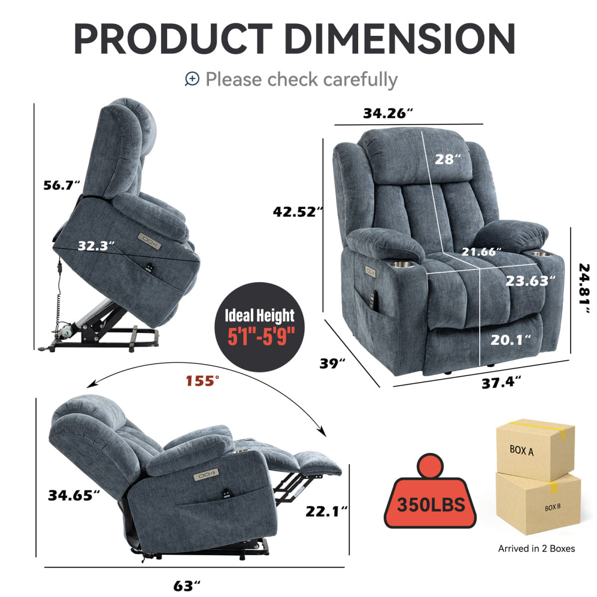Blue Streamdale Chenille Power Lift Recliner with Massage, Heating & USB Ports, Blue