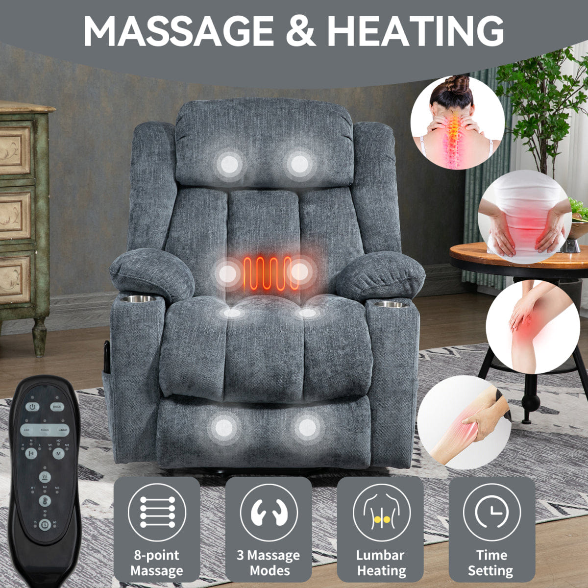 Blue Streamdale Chenille Power Lift Recliner with Massage, Heating & USB Ports, Blue