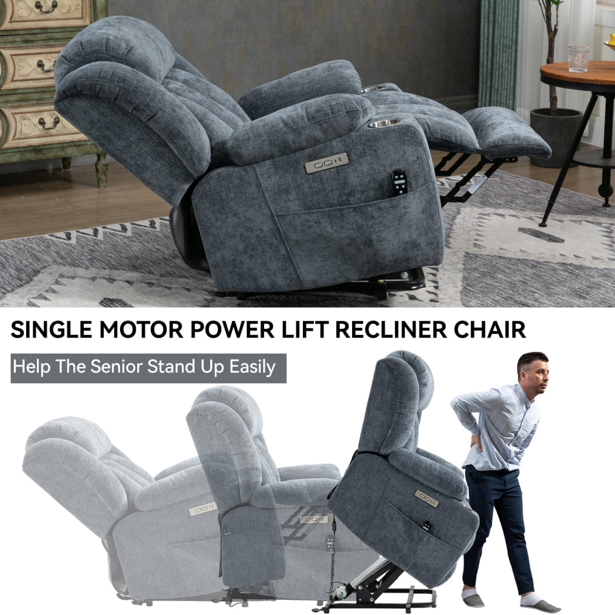 Blue Streamdale Chenille Power Lift Recliner with Massage, Heating & USB Ports, Blue