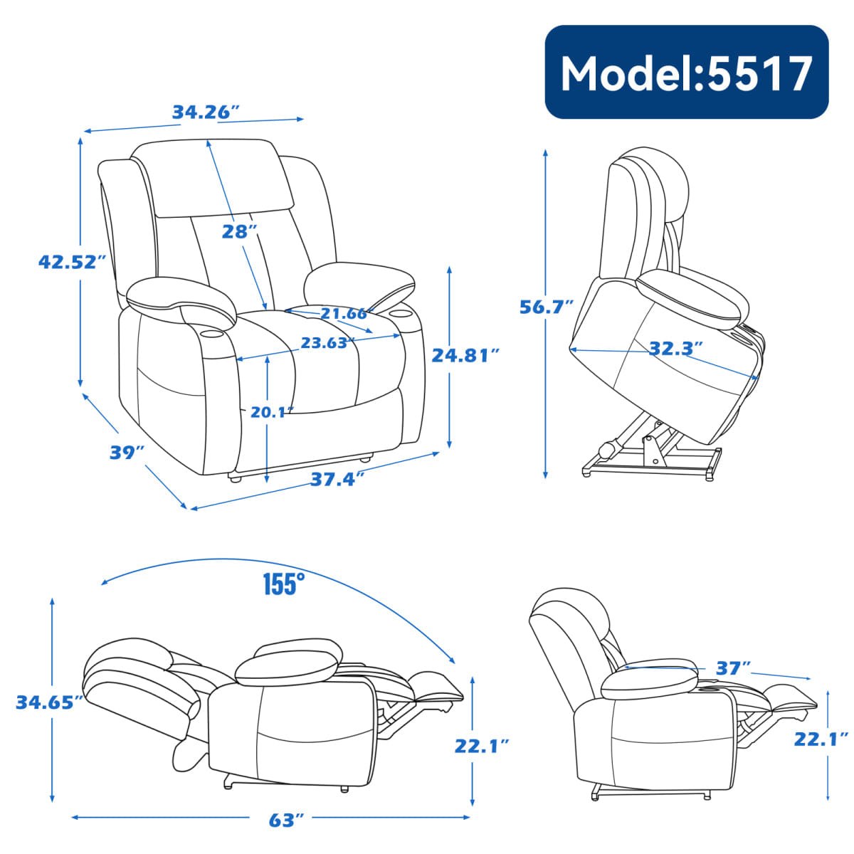 Blue Streamdale Chenille Power Lift Recliner with Massage, Heating & USB Ports, Blue