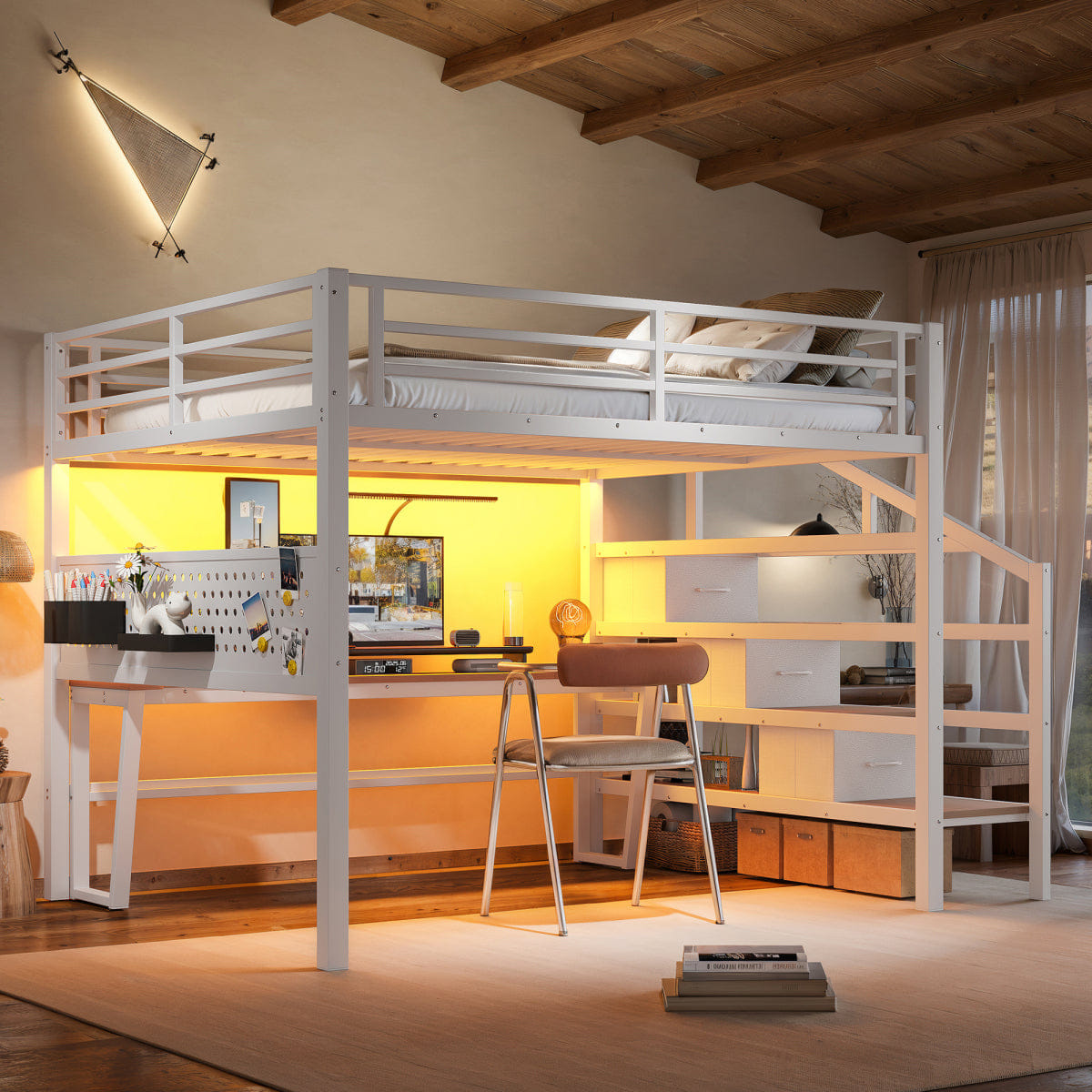 Loft Streamdale Queen Metal Loft Bed with Desk, Stairs, USB, LED & Storage