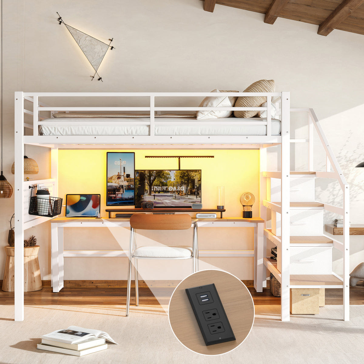 Loft Streamdale Queen Metal Loft Bed with Desk, Stairs, USB, LED & Storage