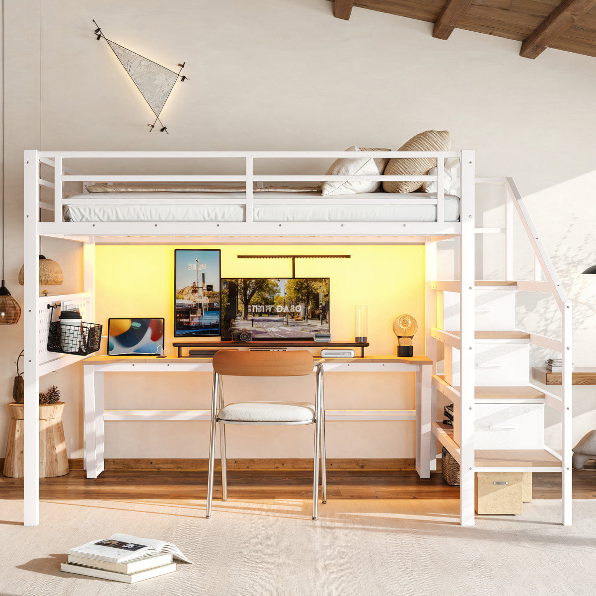 Loft Streamdale Queen Metal Loft Bed with Desk, Stairs, USB, LED & Storage