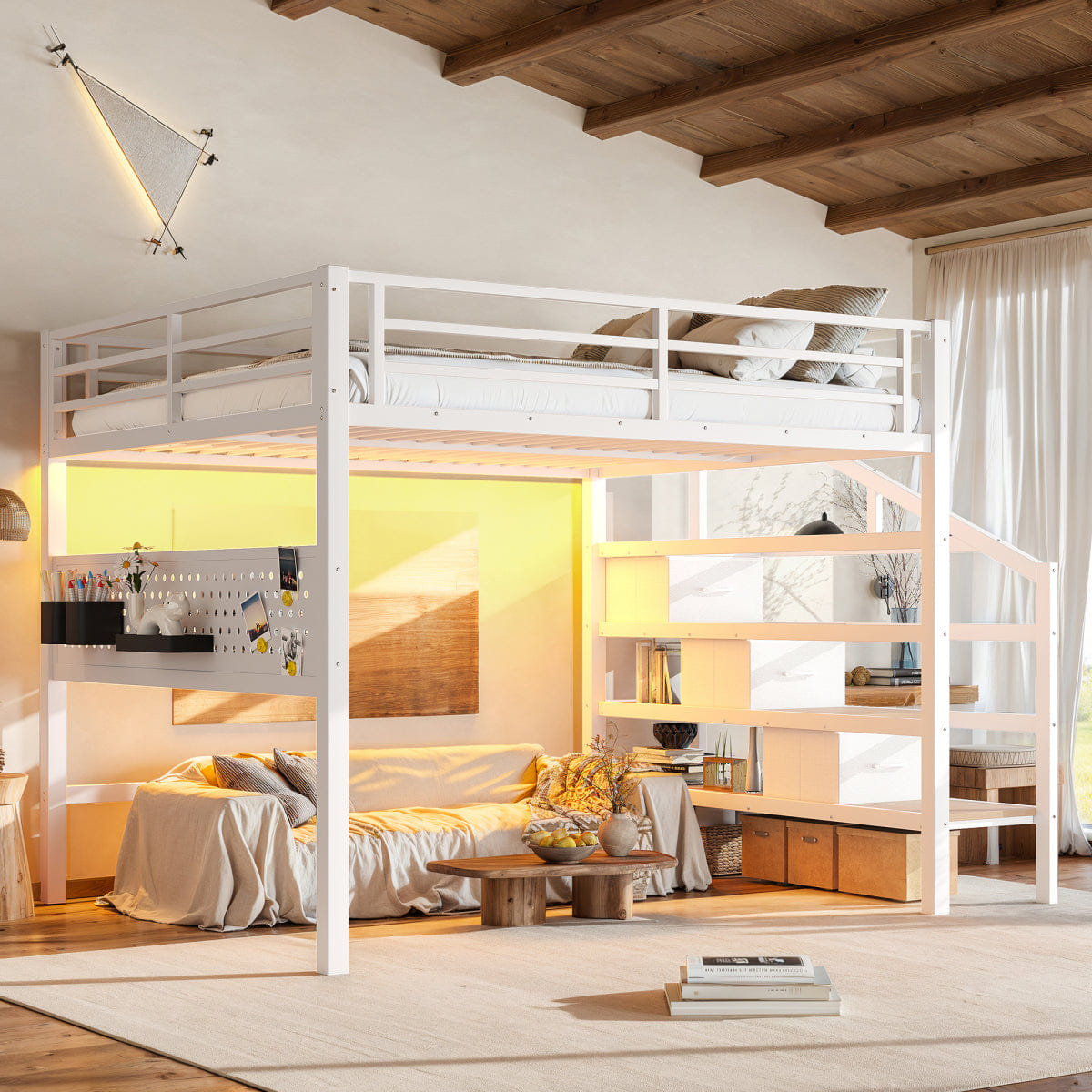 Loft Streamdale Queen Metal Loft Bed with Desk, Stairs, USB, LED & Storage