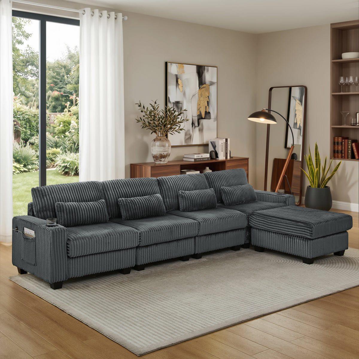 Corduroy Streamdale L - Shaped Corduroy Modular Sectional Sofa with Storage and Cup Holders, Dark Gray