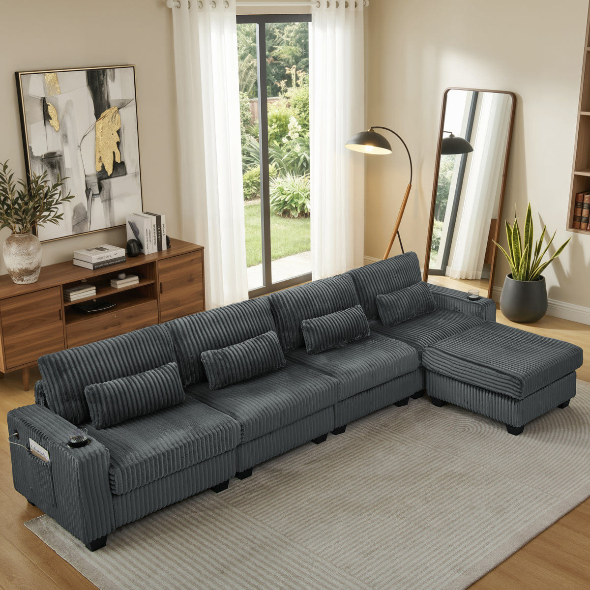 Corduroy Streamdale L - Shaped Corduroy Modular Sectional Sofa with Storage and Cup Holders, Dark Gray