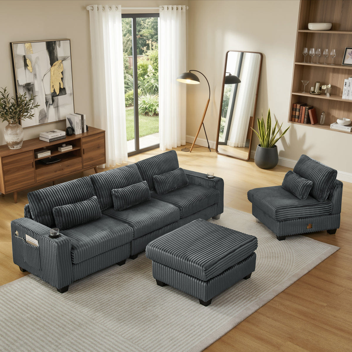 Corduroy Streamdale L - Shaped Corduroy Modular Sectional Sofa with Storage and Cup Holders, Dark Gray