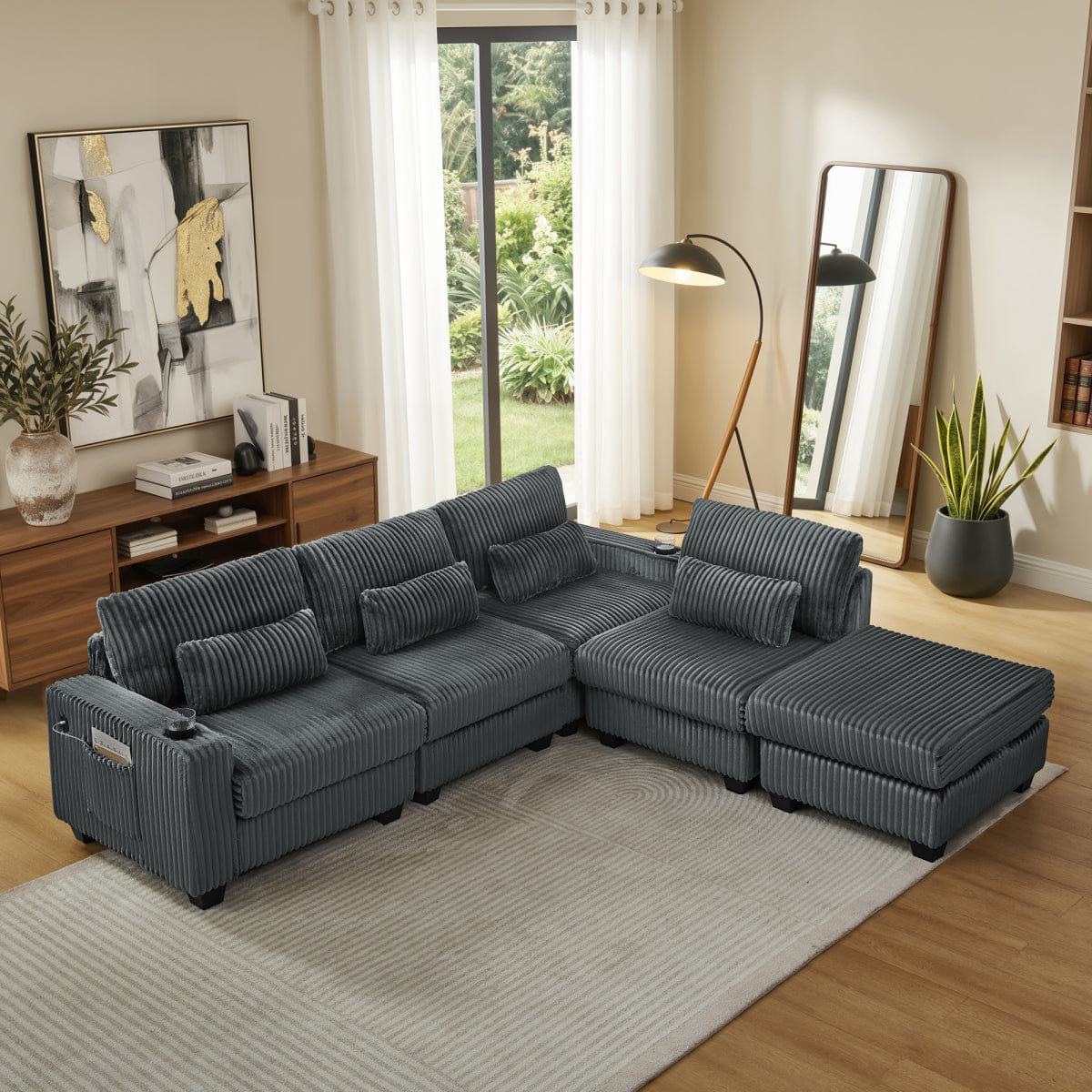 Corduroy Streamdale L - Shaped Corduroy Modular Sectional Sofa with Storage and Cup Holders, Dark Gray