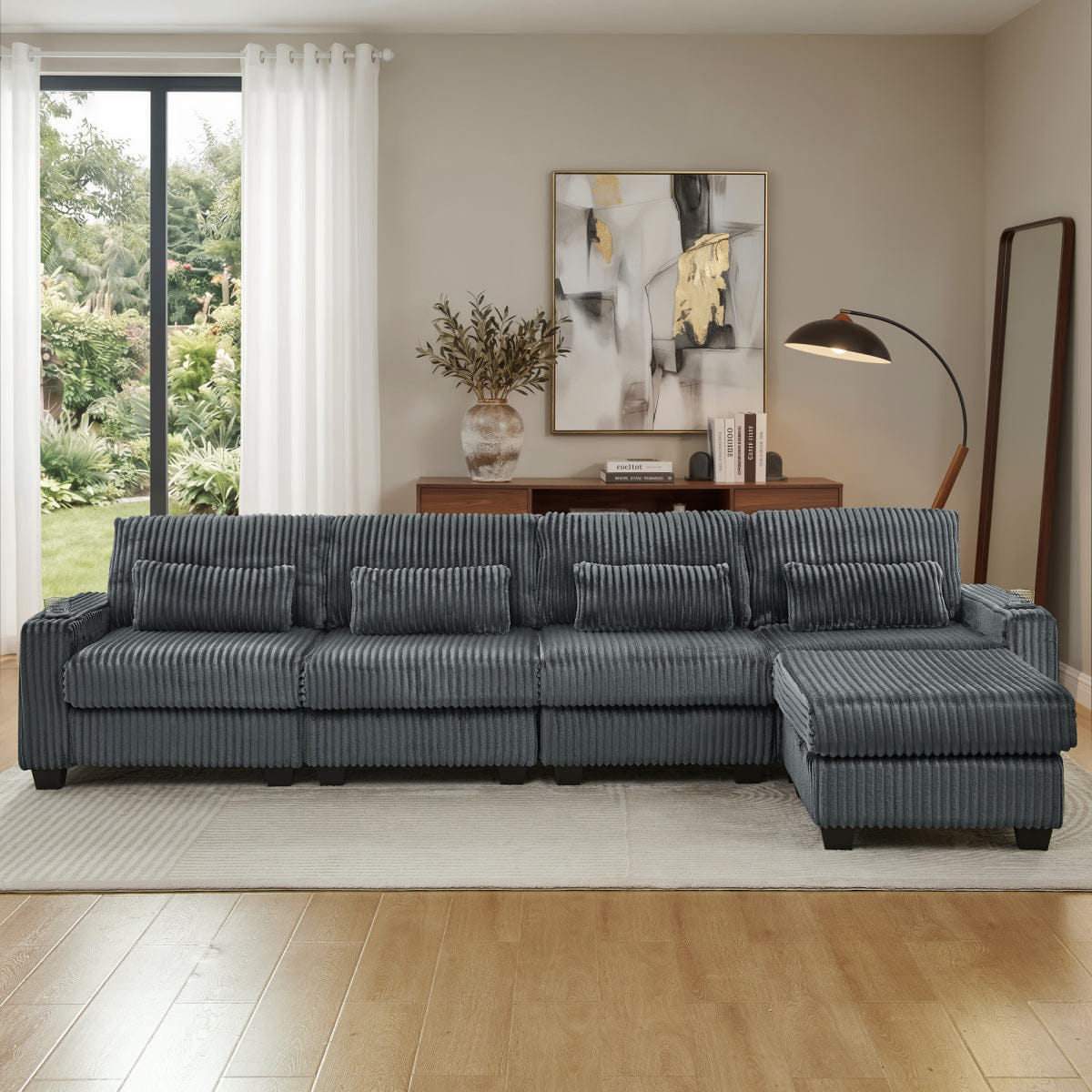 Corduroy Streamdale L - Shaped Corduroy Modular Sectional Sofa with Storage and Cup Holders, Dark Gray