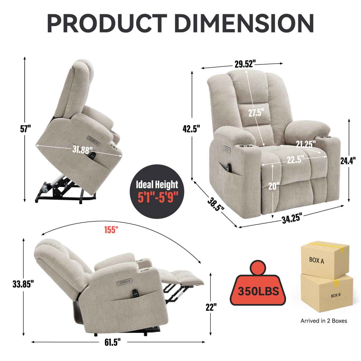 And Streamdale Power Lift Recliner Chair with Massage, Heat, USB Ports, and Cup Holders - Beige