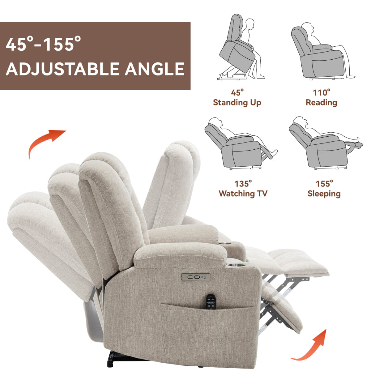 And Streamdale Power Lift Recliner Chair with Massage, Heat, USB Ports, and Cup Holders - Beige