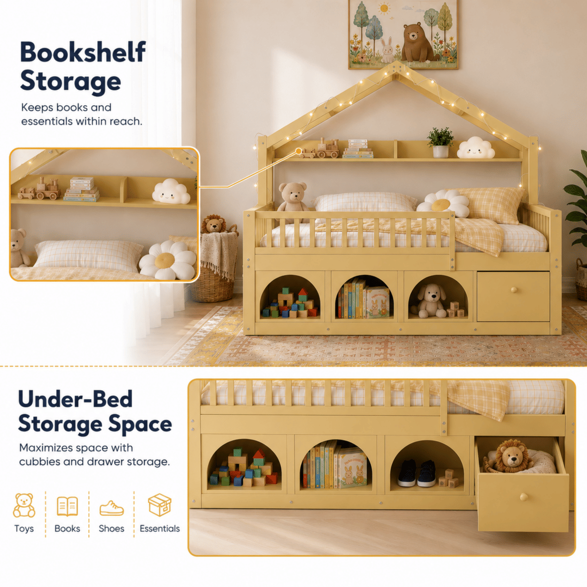 FLOOR Streamdale Kids Montessori Wooden Floor Bed with Roof, LED Lights & Storage