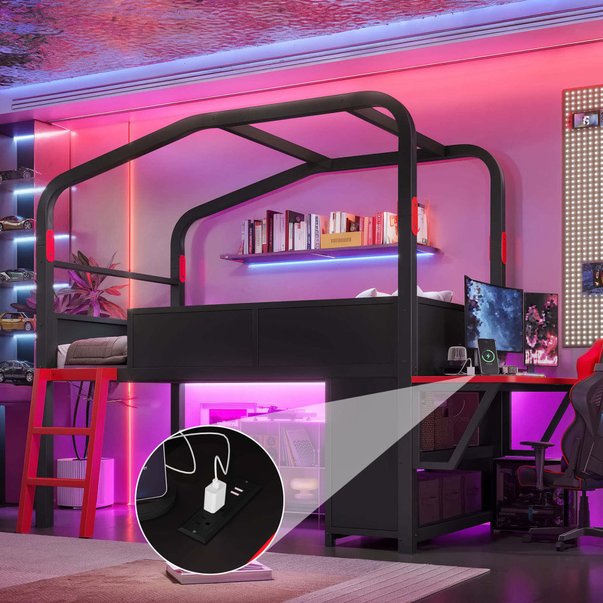 Loft Streamdale Twin Size Low Loft Bed with Desk, LED Lights, Storage & Canopy, Black