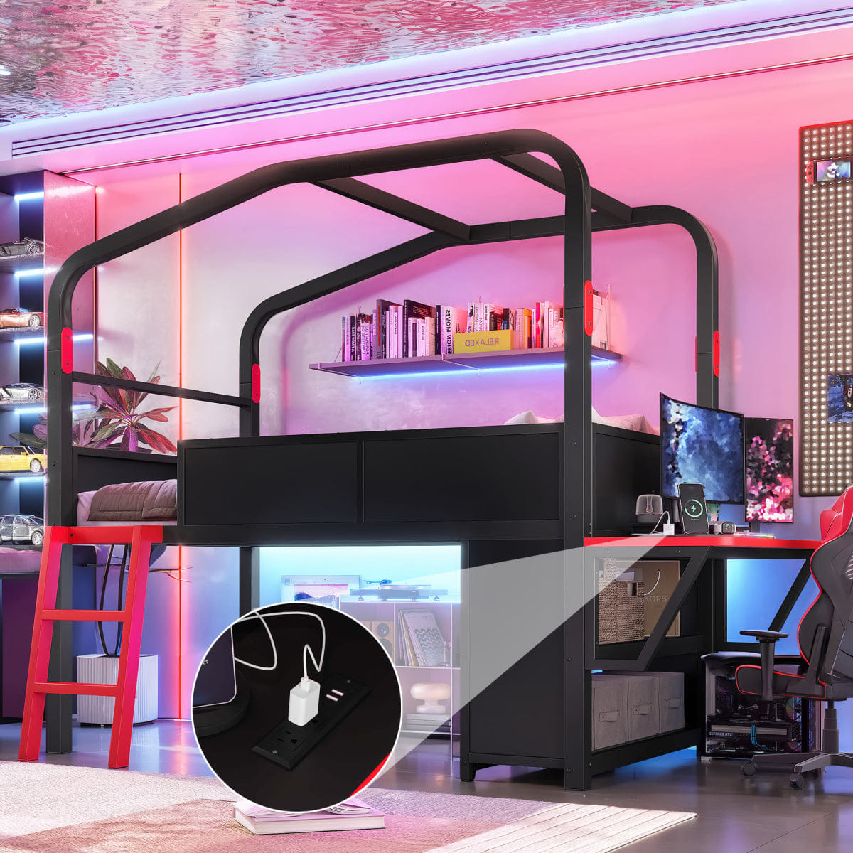 Loft Streamdale Twin Size Low Loft Bed with Desk, LED Lights, Storage & Canopy, Black