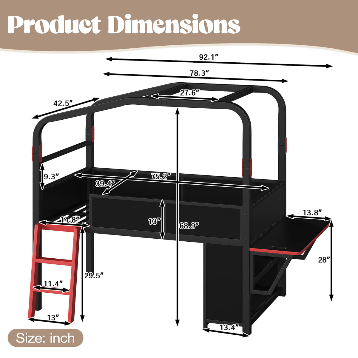 Loft Streamdale Twin Size Low Loft Bed with Desk, LED Lights, Storage & Canopy, Black