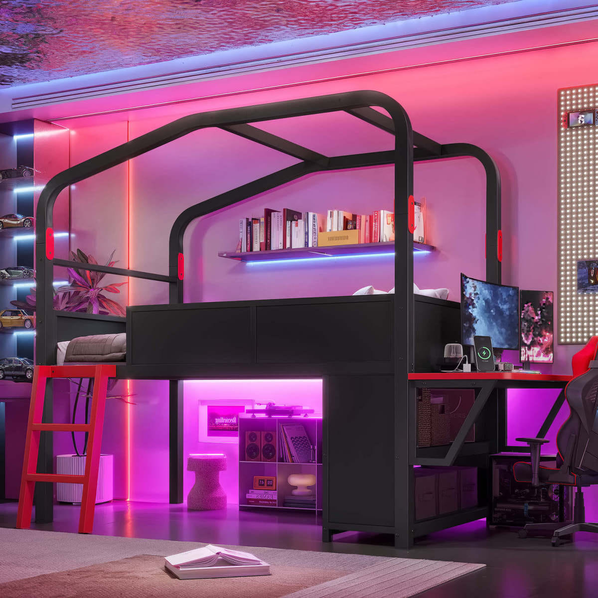 Loft Streamdale Twin Size Low Loft Bed with Desk, LED Lights, Storage & Canopy, Black