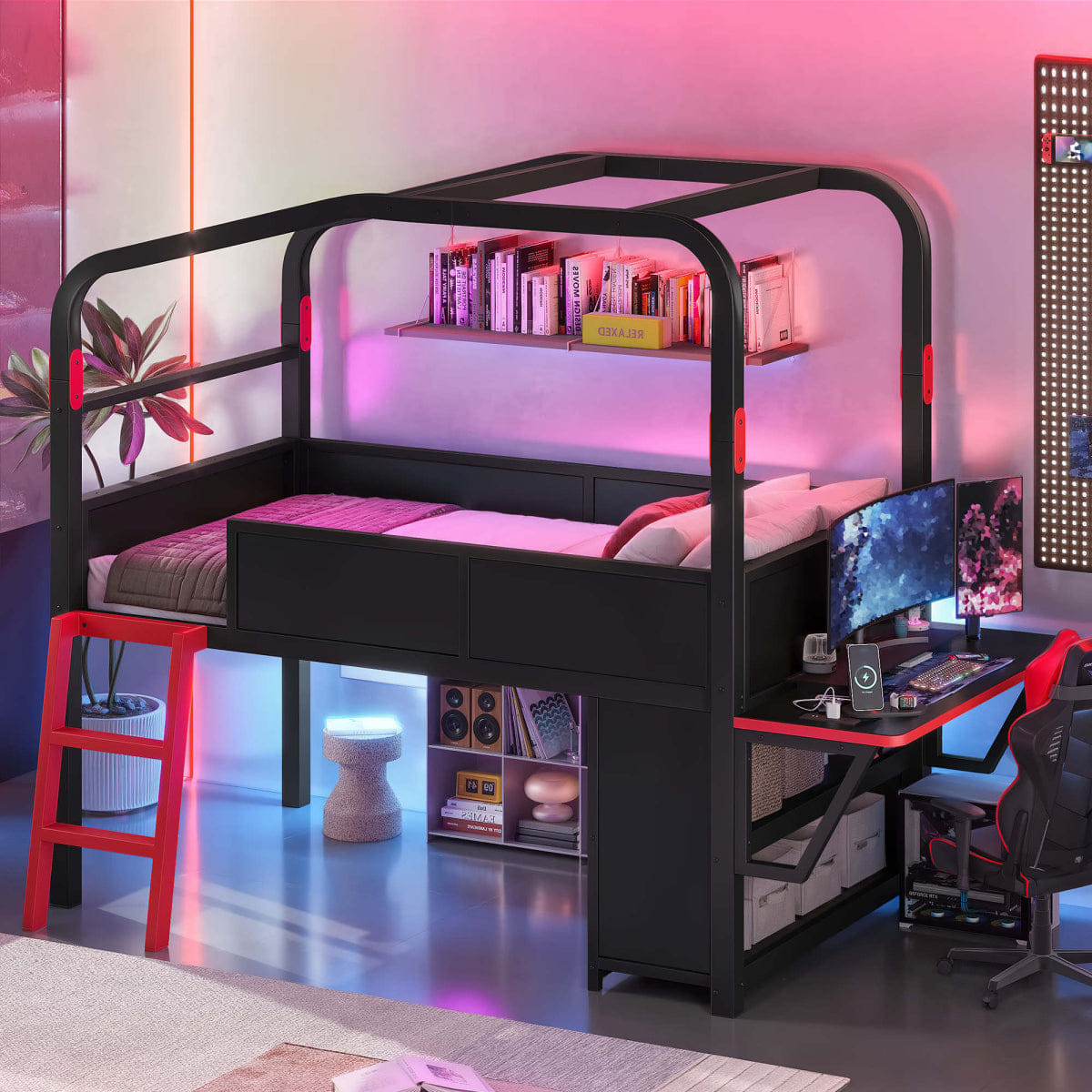 Loft Streamdale Twin Size Low Loft Bed with Desk, LED Lights, Storage & Canopy, Black