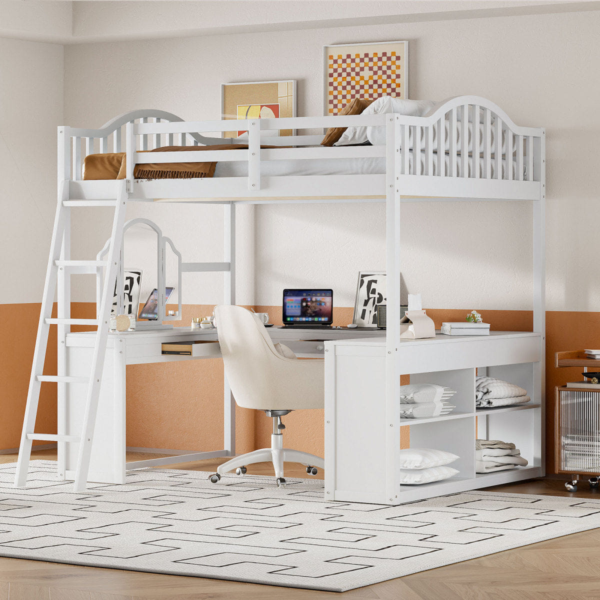 WHITE* Streamdale Wooden Loft Bed with Desk, Storage & Tri - fold Mirror, White