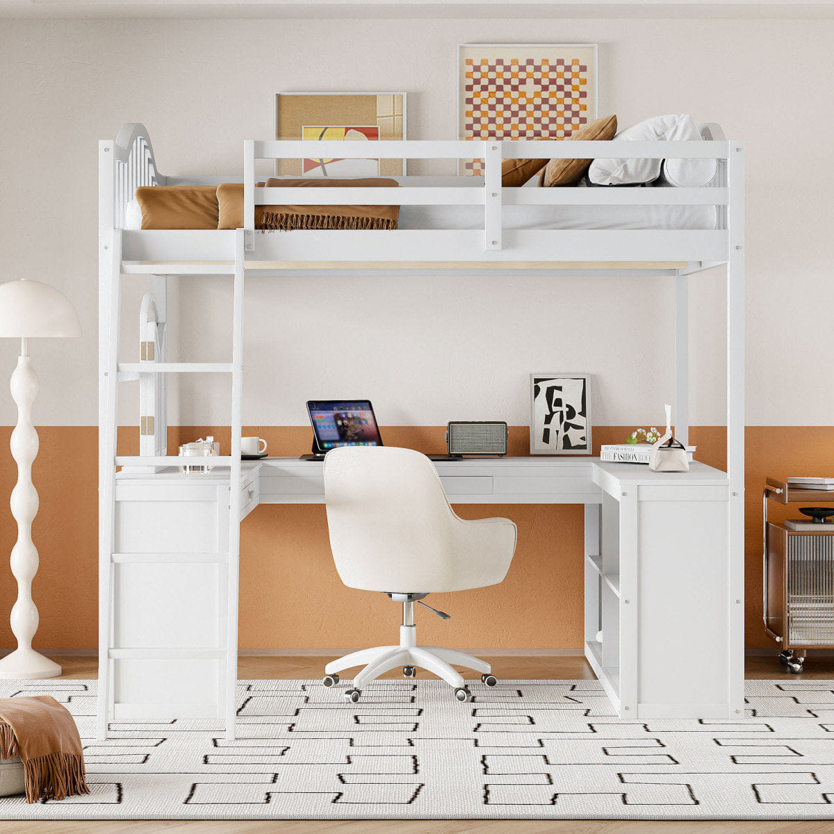 WHITE* Streamdale Wooden Loft Bed with Desk, Storage & Tri - fold Mirror, White