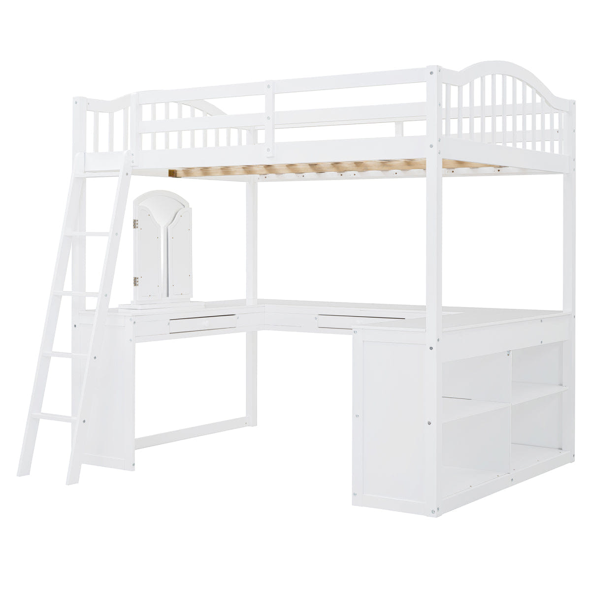 WHITE* Streamdale Wooden Loft Bed with Desk, Storage & Tri - fold Mirror, White