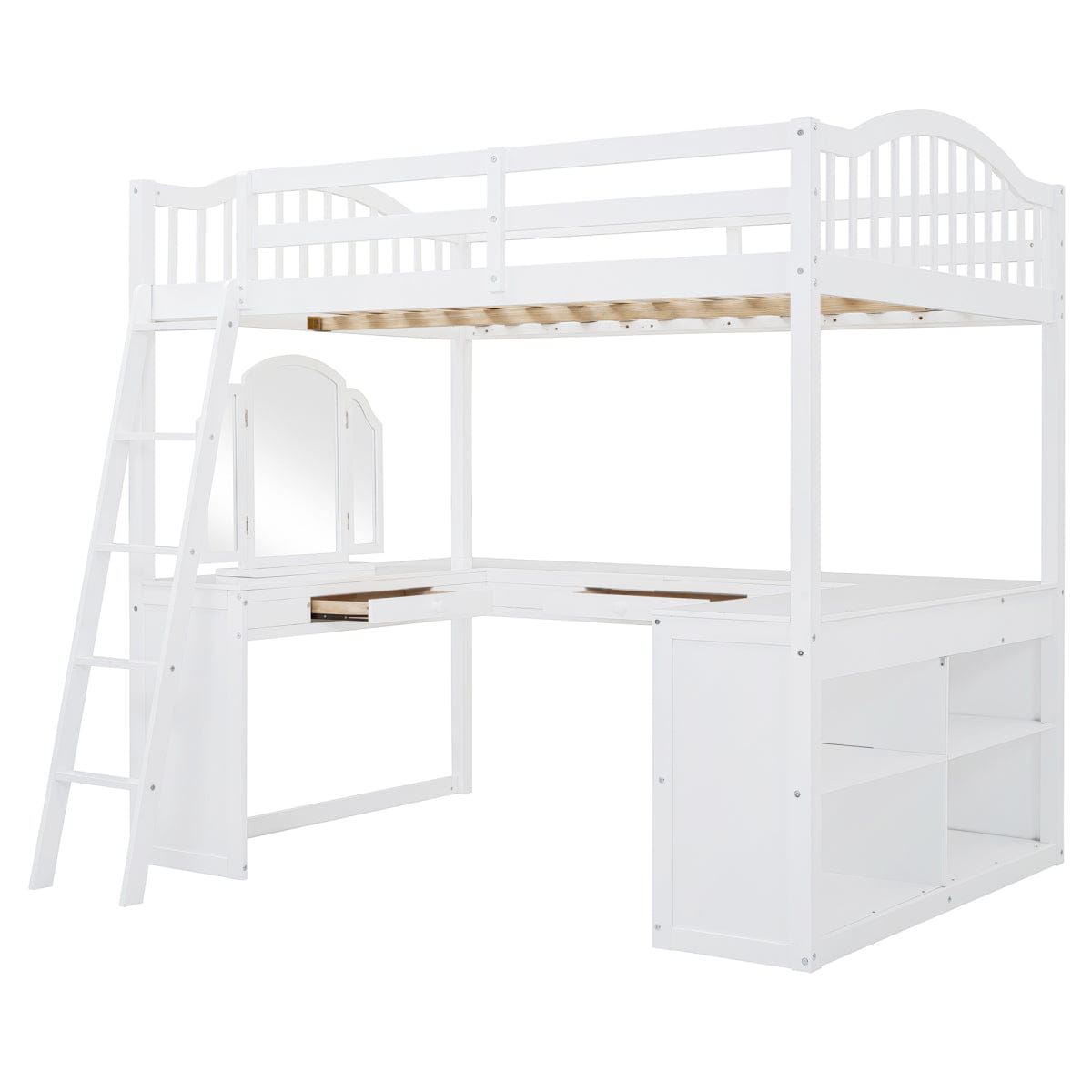 WHITE* Streamdale Wooden Loft Bed with Desk, Storage & Tri - fold Mirror, White