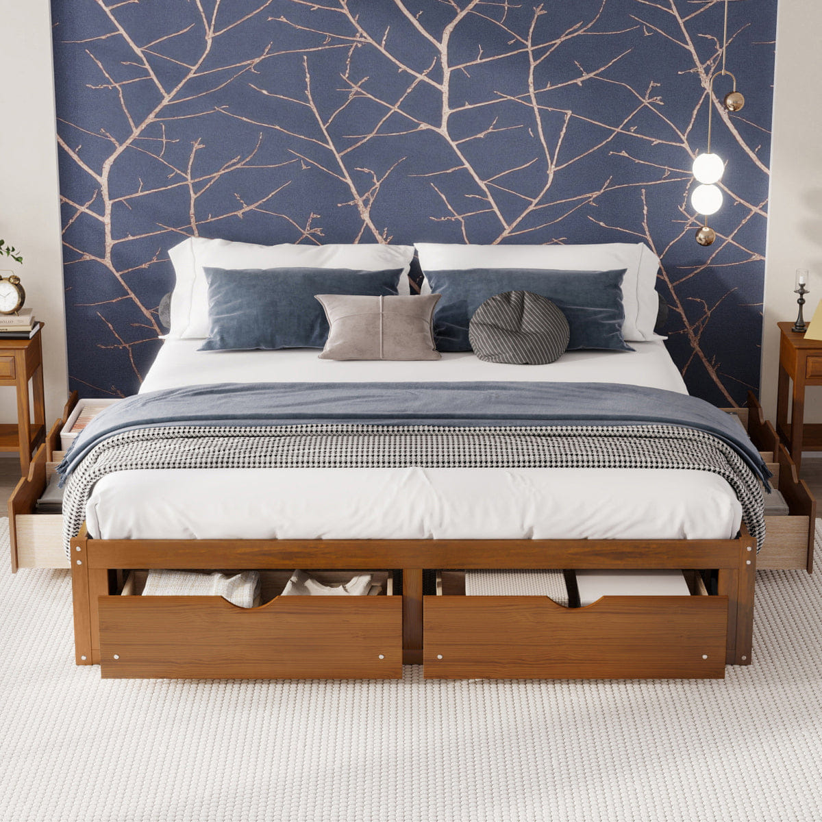 WOOD Streamdale King Size Platform Bed with 6 Storage Drawers,Pine Wood Storage Bed,Walnut