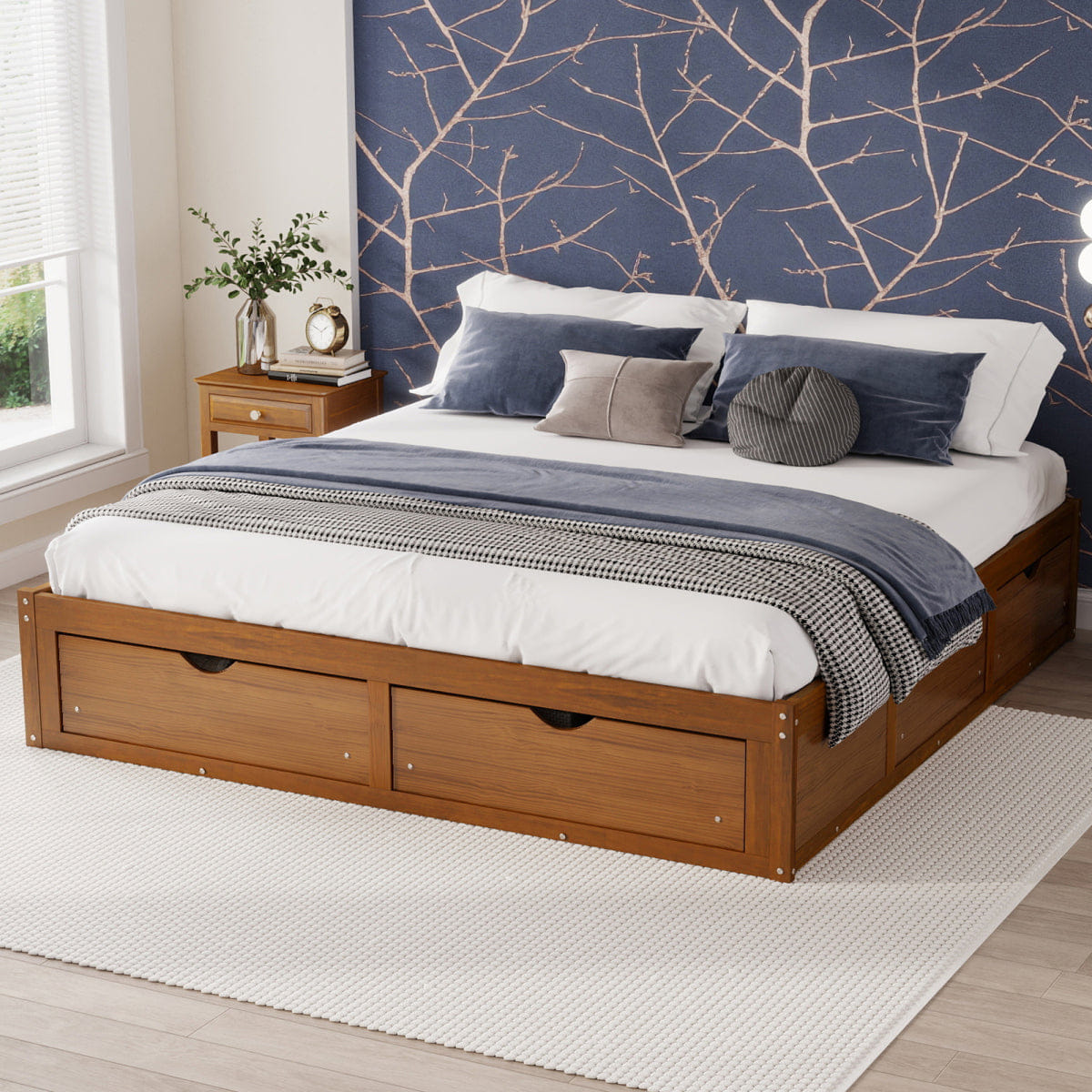 WOOD Streamdale King Size Platform Bed with 6 Storage Drawers,Pine Wood Storage Bed,Walnut