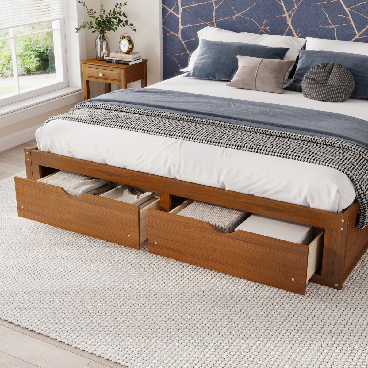 WOOD Streamdale King Size Platform Bed with 6 Storage Drawers,Pine Wood Storage Bed,Walnut