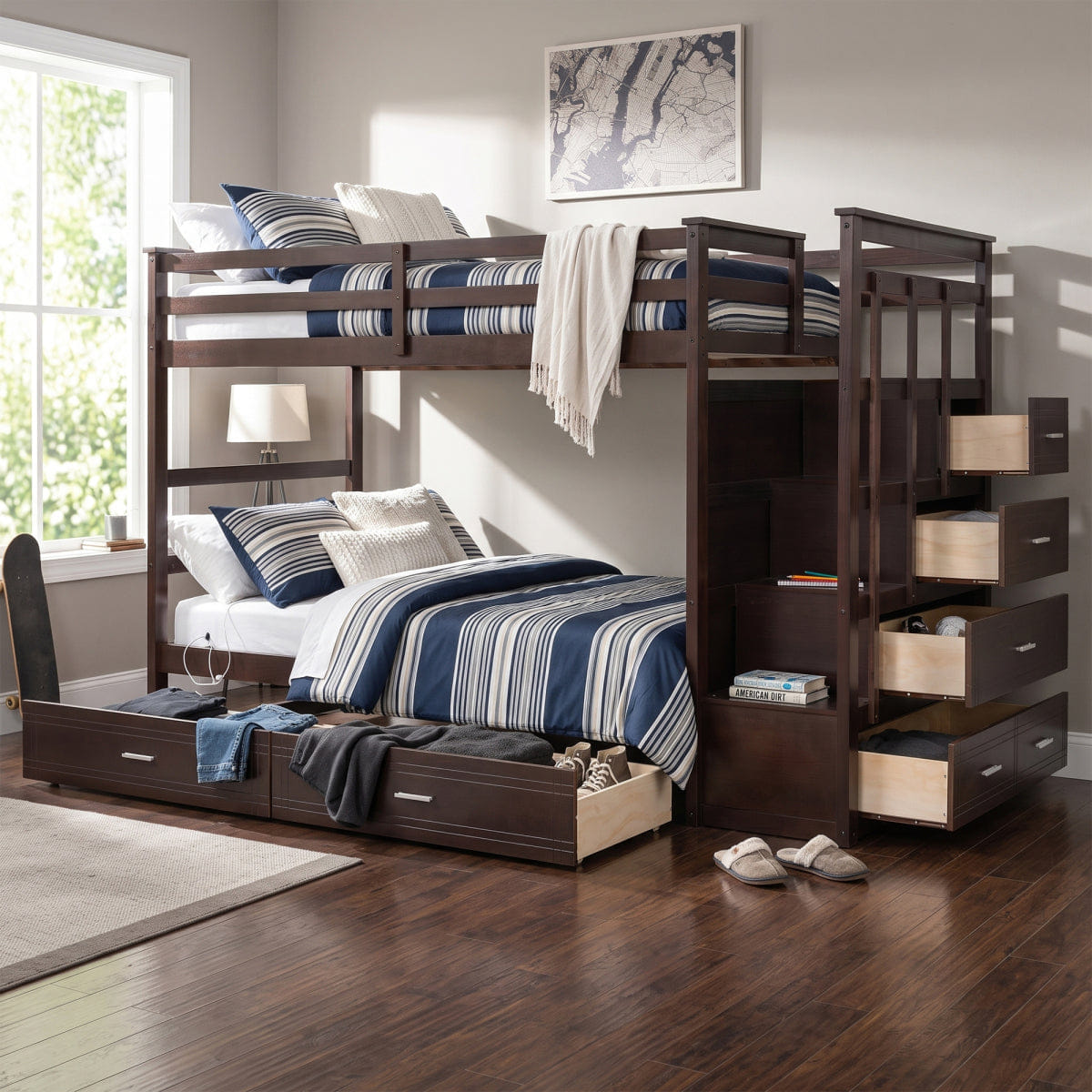 And Streamdale Twin Over Twin Bunk Bed with 2 Drawers and Staircase, Espresso