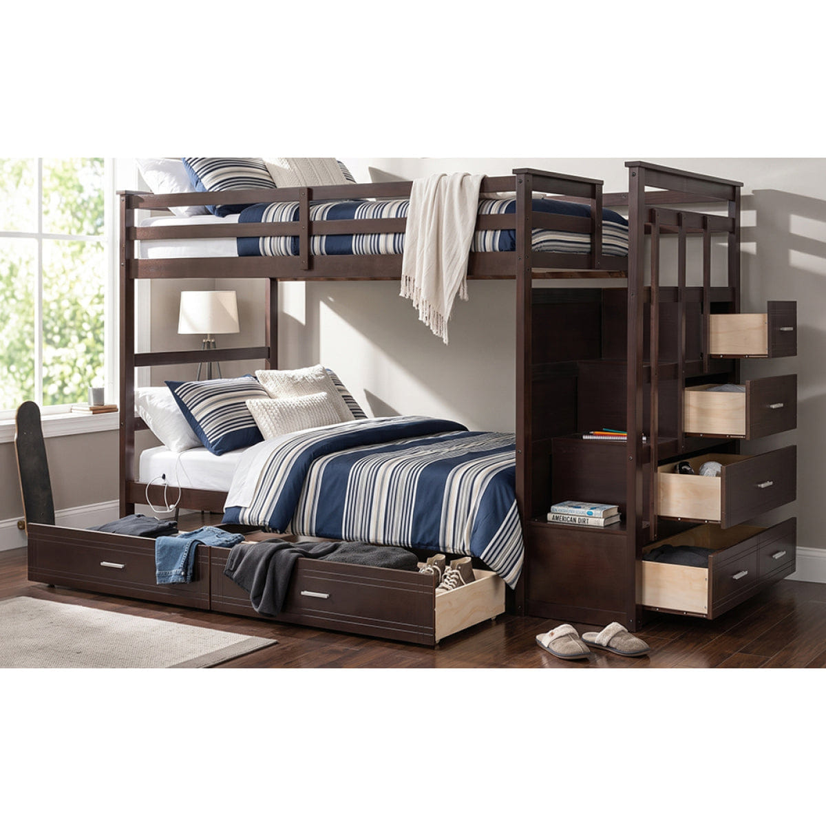 And Streamdale Twin Over Twin Bunk Bed with 2 Drawers and Staircase, Espresso