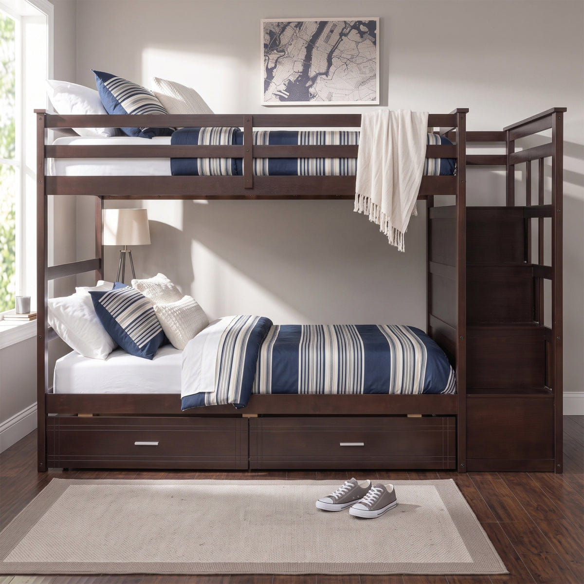 And Streamdale Twin Over Twin Bunk Bed with 2 Drawers and Staircase, Espresso