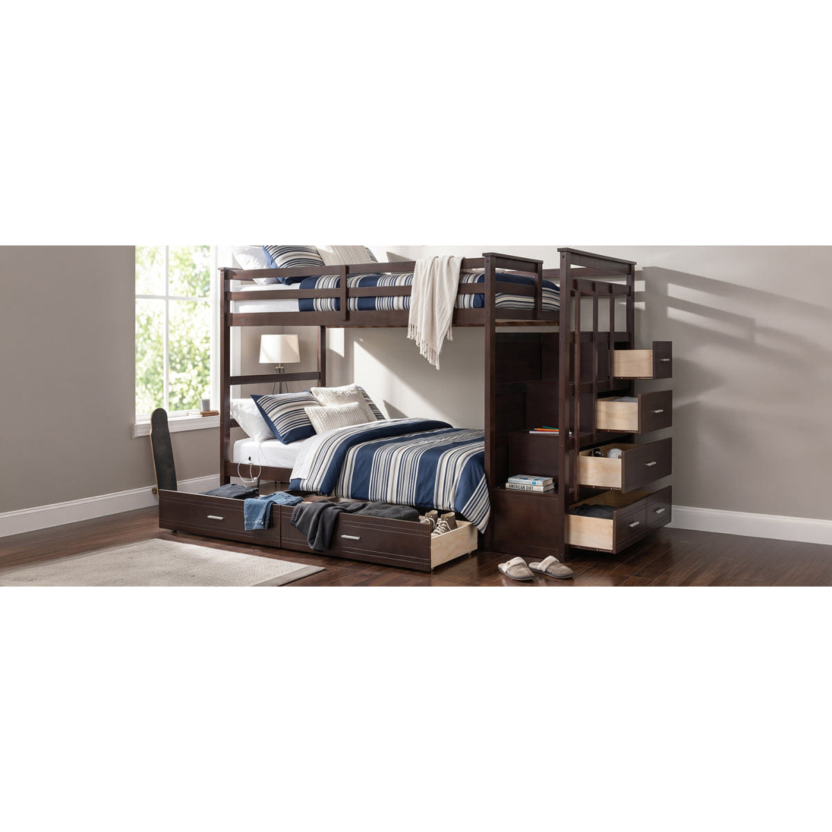 And Streamdale Twin Over Twin Bunk Bed with 2 Drawers and Staircase, Espresso