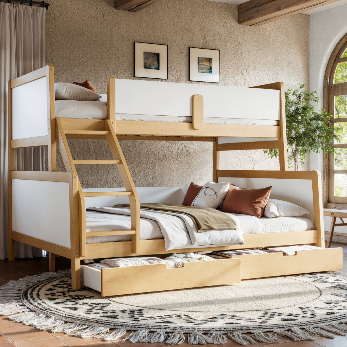 WHITE* Streamdale Twin XL/Queen Wood Bunk Bed with Storage & Convertible Design, White/Natural