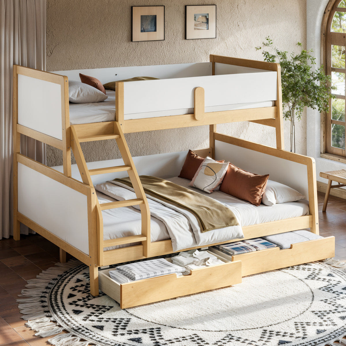 WHITE* Streamdale Twin XL/Queen Wood Bunk Bed with Storage & Convertible Design, White/Natural