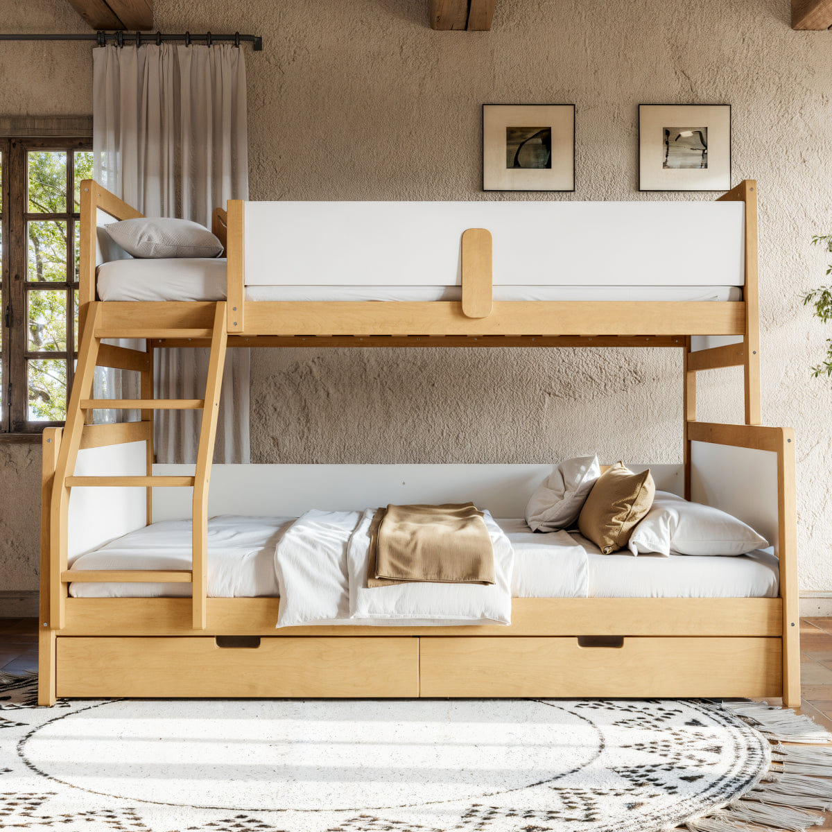 WHITE* Streamdale Twin XL/Queen Wood Bunk Bed with Storage & Convertible Design, White/Natural