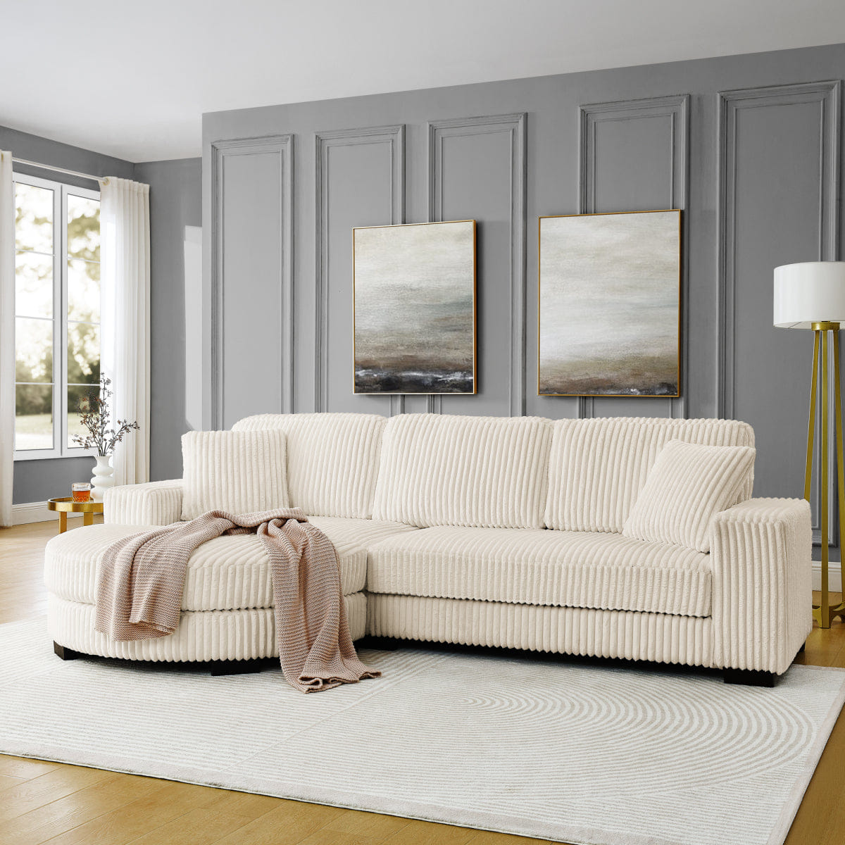 Corduroy Streamdale Corduroy Tufted L - Shaped Sleeper Sectional Sofa with Moveable Footstool - Beige