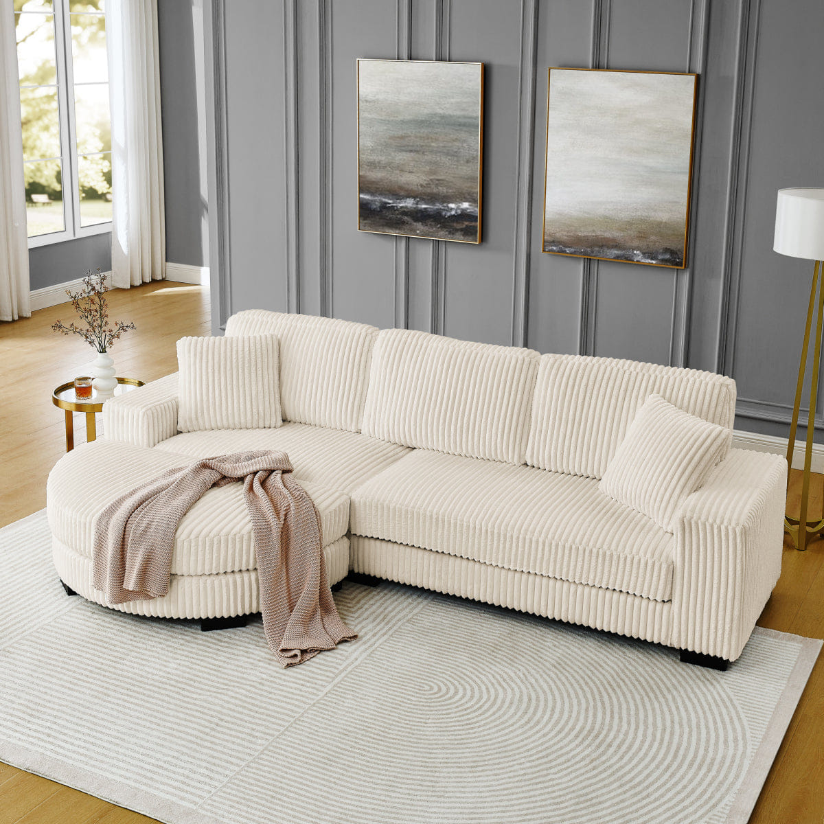 Corduroy Streamdale Corduroy Tufted L - Shaped Sleeper Sectional Sofa with Moveable Footstool - Beige