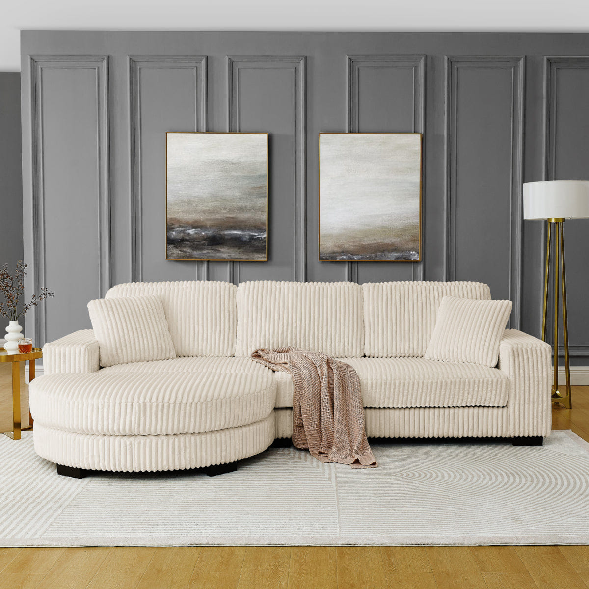 Corduroy Streamdale Corduroy Tufted L - Shaped Sleeper Sectional Sofa with Moveable Footstool - Beige